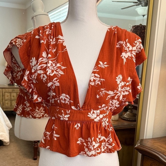 MINKPINK Tops - MINKPINK Rust Floral Ruffle Blouse